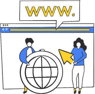 A boy and a girl are standing with the symbol of the world wide web