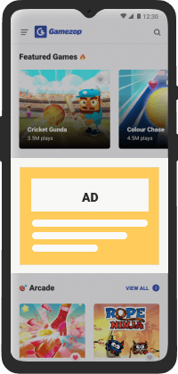Gamezop Mobile screen with ad space containing images and text showing a brands message